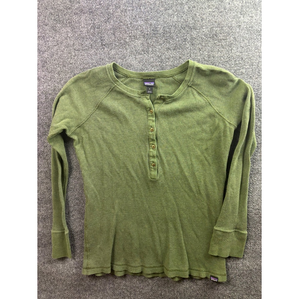 Patagonia Henley Shirt Womens Small Green Organic Cotton Waffle Knit Thermal Top